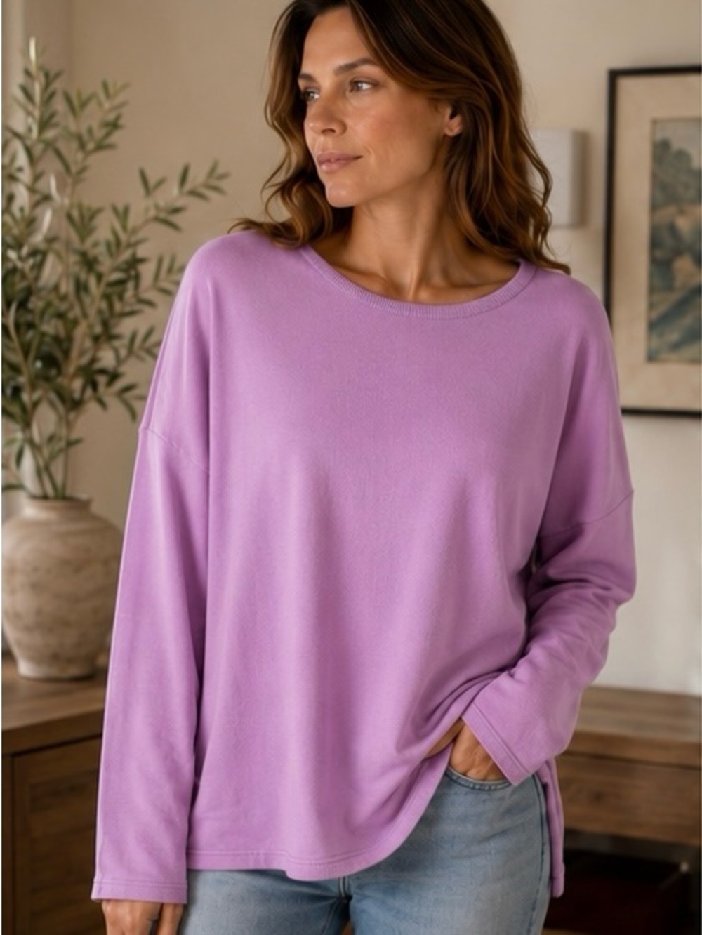 Eileen Fisher Cozy Brushed Terry Hug Top XL Lilac TENCEL Lyocell Boxy Sweatshirt